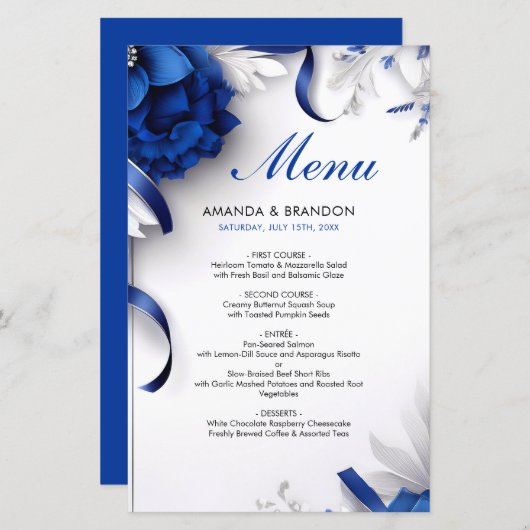 Chic Navy Blauw & Zilveren Bloemen Linten Huwelijk (Voorkant / Achterkant)