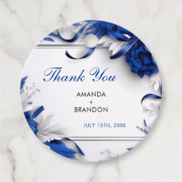 Chic Navy Blauw & Zilveren Bloemen Linten Huwelijk Bedankjes Labels