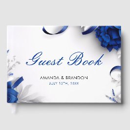 Chic Navy Blauw & Zilveren Bloemen Linten Huwelijk Gastenboek