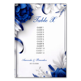 Chic Navy Blauw & Zilveren Bloemen Linten Huwelijk Kaart