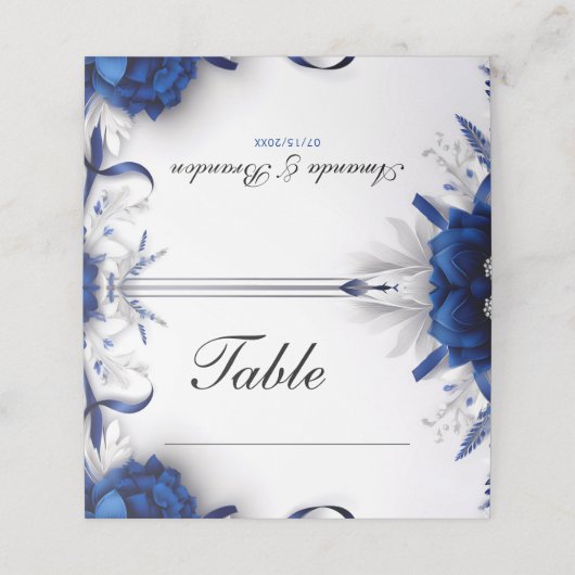 Chic Navy Blauw & Zilveren Bloemen Linten Huwelijk Plaatskaartje (Buitenkant ongevouwen)