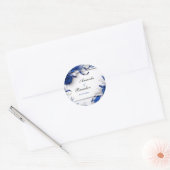 Chic Navy Blauw & Zilveren Bloemen Linten Huwelijk Ronde Sticker (Envelop)