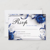 Chic Navy Blauw & Zilveren Bloemen Linten Huwelijk RSVP Kaartje (Voorkant)