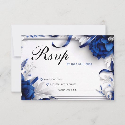 Chic Navy Blauw & Zilveren Bloemen Linten Huwelijk RSVP Kaartje (Voorkant)