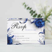 Chic Navy Blauw & Zilveren Bloemen Linten Huwelijk RSVP Kaartje (Staand voorkant)