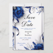 Chic Navy Blauw & Zilveren Bloemen Linten Huwelijk Save The Date (Voorkant)