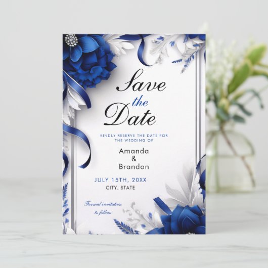 Chic Navy Blauw & Zilveren Bloemen Linten Huwelijk Save The Date (Staand voorkant)