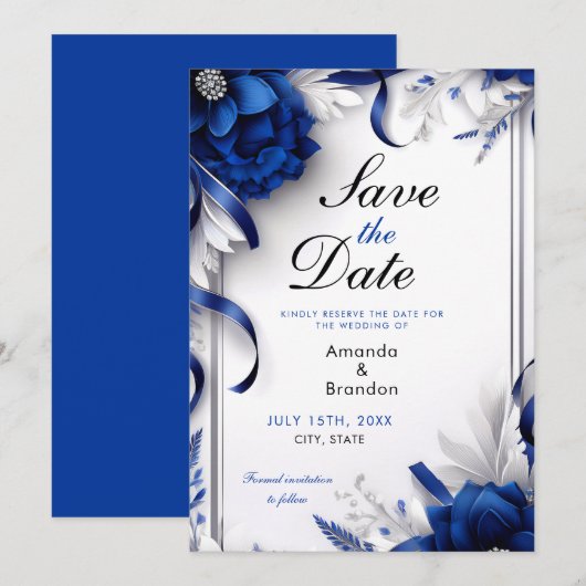 Chic Navy Blauw & Zilveren Bloemen Linten Huwelijk Save The Date (Voorkant / Achterkant)