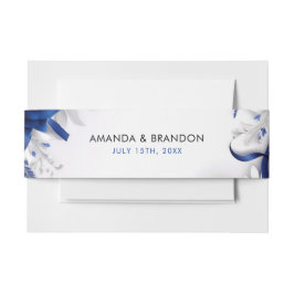Chic Navy Blauw & Zilveren Bloemen Linten Huwelijk Uitnodigingen Wikkel