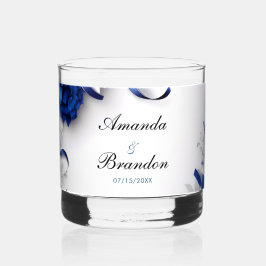 Chic Navy Blauw & Zilveren Bloemen Linten Huwelijk Whisky Glas