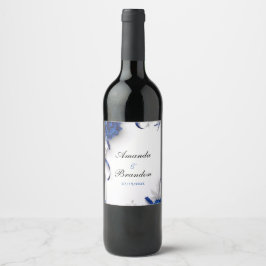 Chic Navy Blauw & Zilveren Bloemen Linten Huwelijk Wijn Etiket