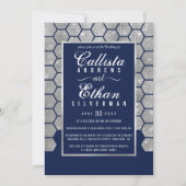 Chic Navy Blauw Zilveren Glitter Hexagon Geo Weddi Kaart (Voorkant)