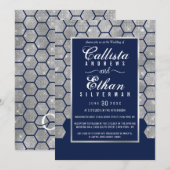 Chic Navy Blauw Zilveren Glitter Hexagon Geo Weddi Kaart (Voorkant / Achterkant)