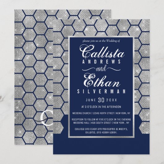 Chic Navy Blauw Zilveren Glitter Hexagon Geo Weddi Kaart (Voorkant / Achterkant)