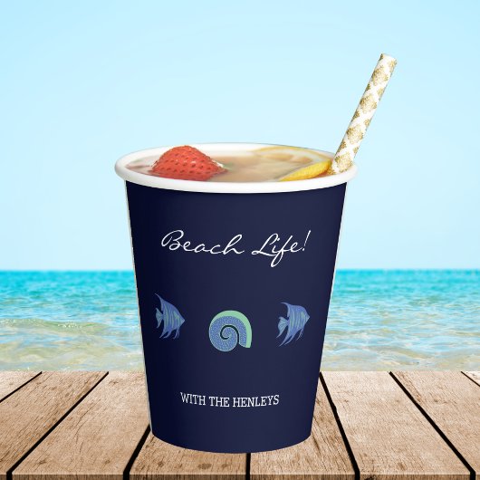 Chic Navy Blauwe Familienaam Shells Fish Beach Hou Papieren Bekers