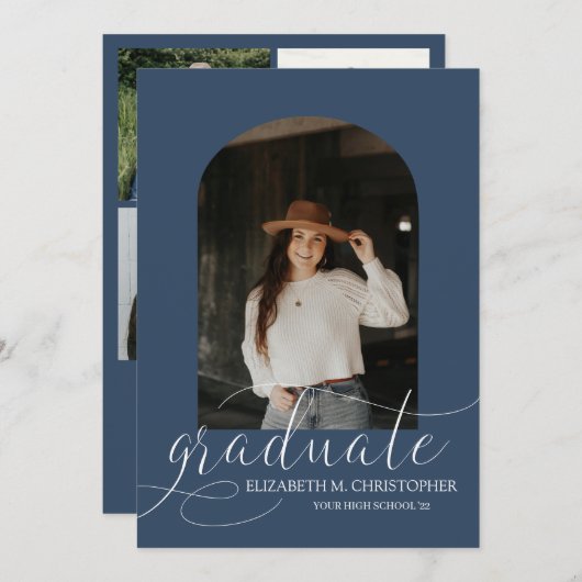Chic Navy Blue Arch 5 Photo Collage Afstuderen Aankondiging (Voorkant / Achterkant)