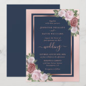 Chic Navy Blue Blush en Roos Gold Floral Wedding Kaart (Voorkant / Achterkant)