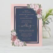 Chic Navy Blue Blush en Roos Gold Floral Wedding Kaart (Staand voorkant)