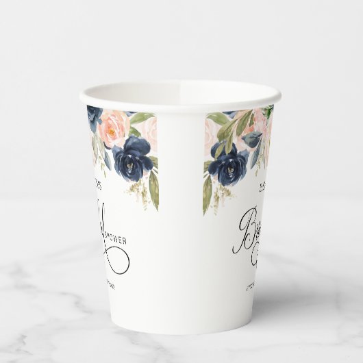 Chic Navy Blue Blush Pink Floral Vrijgezellenfeest Papieren Bekers (Links)