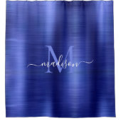 Chic Navy Blue Brushed Metal Monogram Girly Script Douchegordijn (Voorkant)