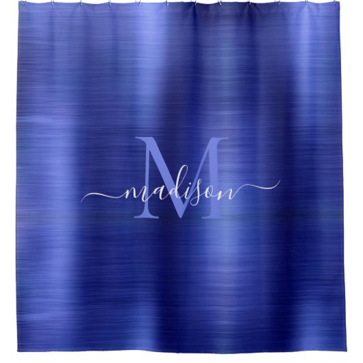 Chic Navy Blue Brushed Metal Monogram Girly Script Douchegordijn (Voorkant)