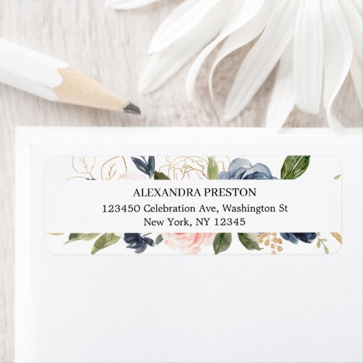 Chic Navy Blue en Blush Pink Floral Wedding Label (Insitu)