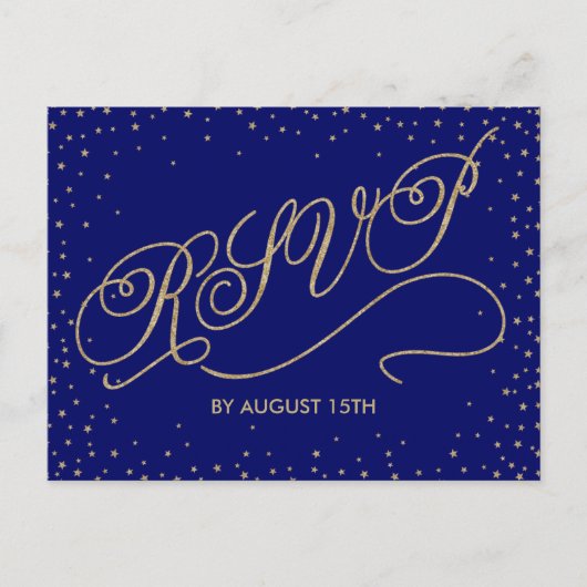 Chic Navy Blue en Gold Stars RSVP Briefkaart (Voorkant)