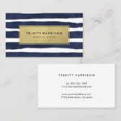 Chic Navy Blue en Gold Striped Visitekaartje (Voorkant / Achterkant)
