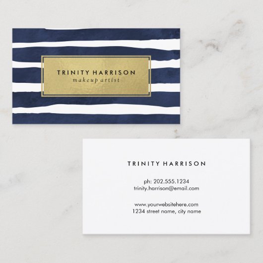 Chic Navy Blue en Gold Striped Visitekaartje (Voorkant / Achterkant)