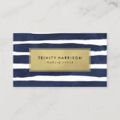 Chic Navy Blue en Gold Striped Visitekaartje (Voorkant)