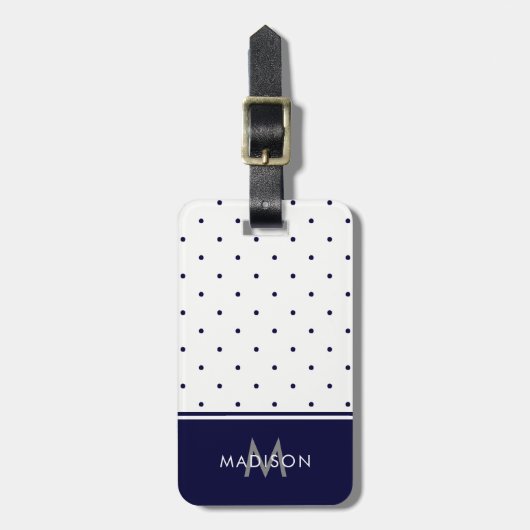 Chic Navy Blue en White Polka Dots Bagagelabel (Voorkant verticaal)