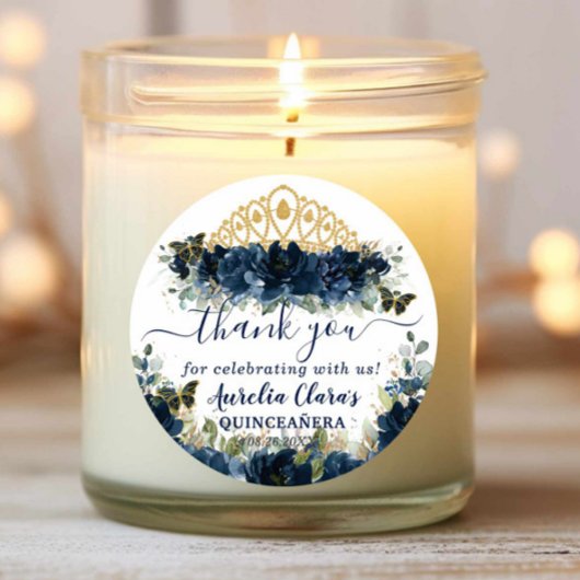 Chic Navy Blue Floral Rozen Vlinders Favoriet Ronde Sticker