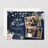 Chic Navy Blue Floral Save The Date Foto Aankondigingskaart (Voorkant / Achterkant)