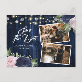 Chic Navy Blue Floral Save The Date Foto Aankondigingskaart