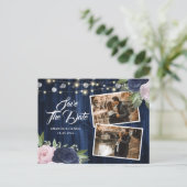 Chic Navy Blue Floral Save The Date Foto Aankondigingskaart (Staand voorkant)