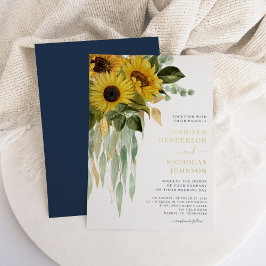 Chic Navy Blue Floral Sunflower Wedding Gold Folie Uitnodiging