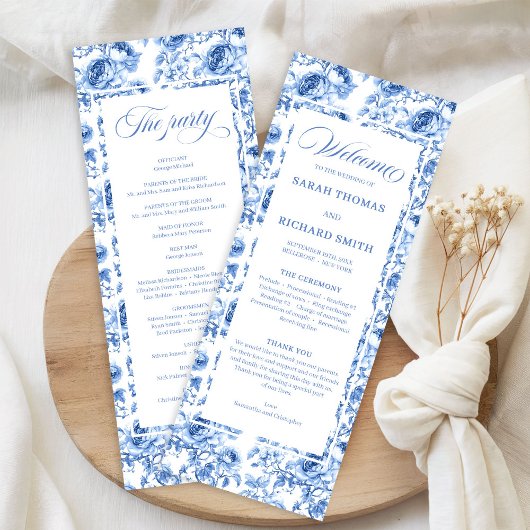 Chic Navy Blue Floral Toile Wedding Program Programmakaart