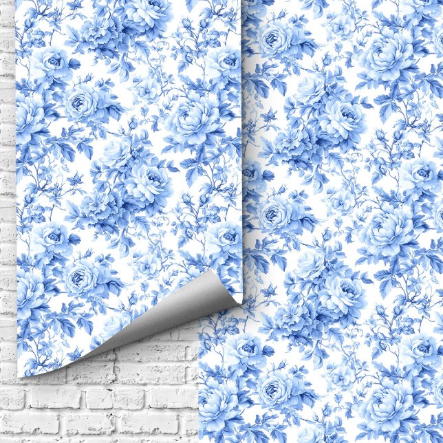 Chic Navy Blue French Toile Roses Floral Wallpaper Behang (Navy Blue French Toile Roses Floral Wallpaper Design)