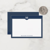 Chic Navy Blue Geometric Modern Monogram Notitiekaartje (Voorkant / Achterkant in situ)