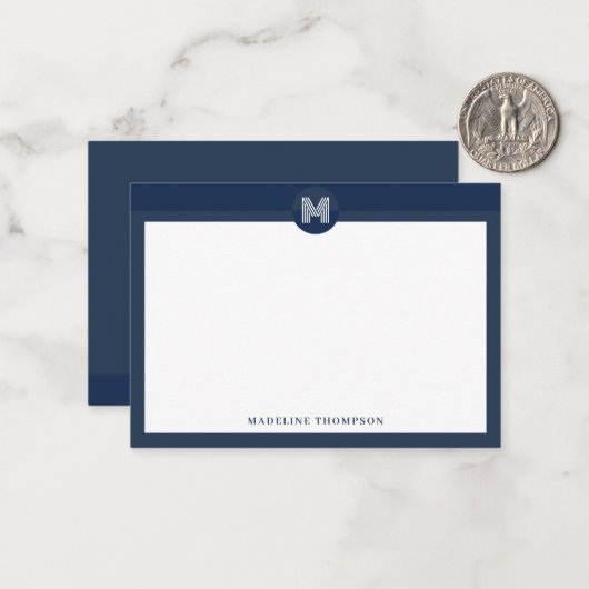 Chic Navy Blue Geometric Modern Monogram Notitiekaartje (Voorkant / Achterkant in situ)