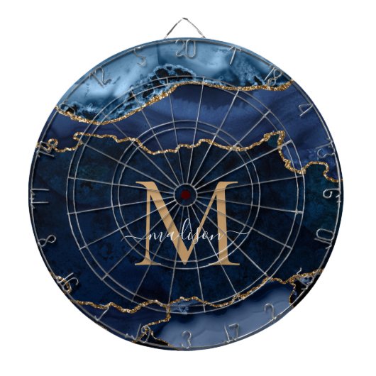 Chic Navy Blue Glitter Agate Geode Monogram Dartbord (Voorkant)