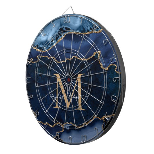 Chic Navy Blue Glitter Agate Geode Monogram Dartbord (Voorkant Rechts)