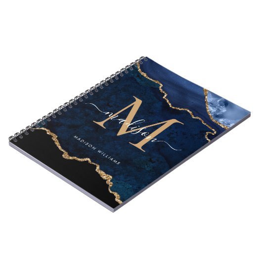 Chic Navy Blue Glitter Agate Geode Monogram Notitieboek (Linkerzijde)