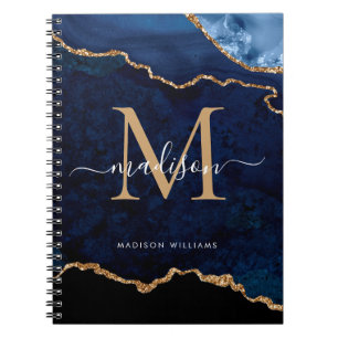 Chic Navy Blue Glitter Agate Geode Monogram Notitieboek