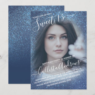 Chic Navy Blue Glitter Ombre Photo Sweet 13 Kaart