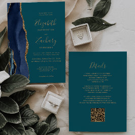 Chic Navy Blue Gold Agaat Blauwgroen QR Code Weddi Kaart