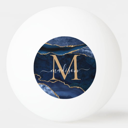 Chic Navy Blue Gold Agaat Geode Glitter Monogram Pingpongbal (Voorkant)