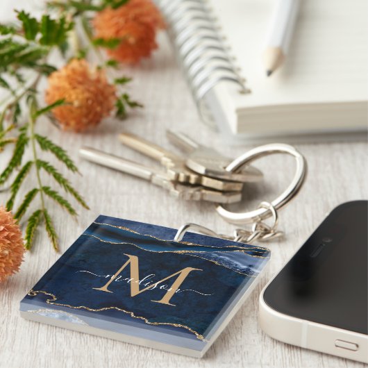 Chic Navy Blue Gold Agaat Geode Glitter Monogram Sleutelhanger (Voorkant Rechts)
