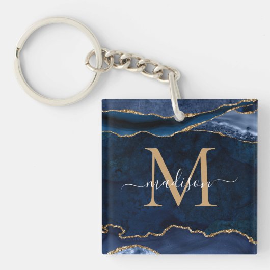 Chic Navy Blue Gold Agaat Geode Glitter Monogram Sleutelhanger (voorkant)