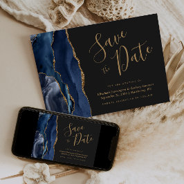 Chic Navy Blue Gold Agate Dark Save the Date Kaart